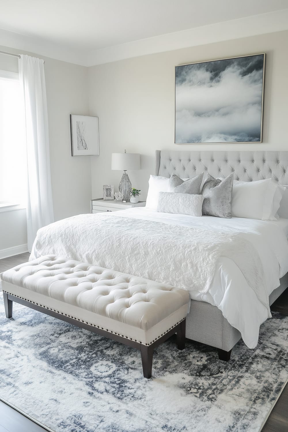 An elegantly decorated bedroom featuring a monochromatic color scheme with deep gray and silver accents. The room centers around a large, mist-inspired fog rug beneath a bed covered in white linens with a tufted headboard. Strategic lighting creates a soft glow around the rug. There is minimalist furniture, including a tufted bench at the foot of the bed, a bedside table with a lamp and decor items, and framed artwork on the walls.