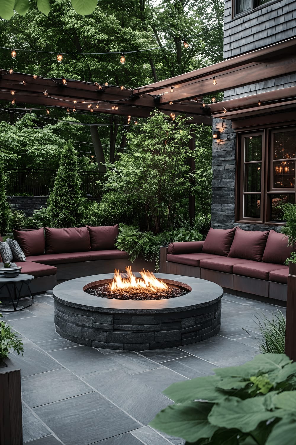 A well-lit Modern Rustic outdoor patio surrounded by lush greenery featuring slate stone flooring and a large slate fire pit at the center. The seating arrangement consists of weather-resistant leather sofas in deep burgundy and charcoal gray. The area is adorned with copper planters filled with cascading plants and string lights hung strategically for a warm ambiance.