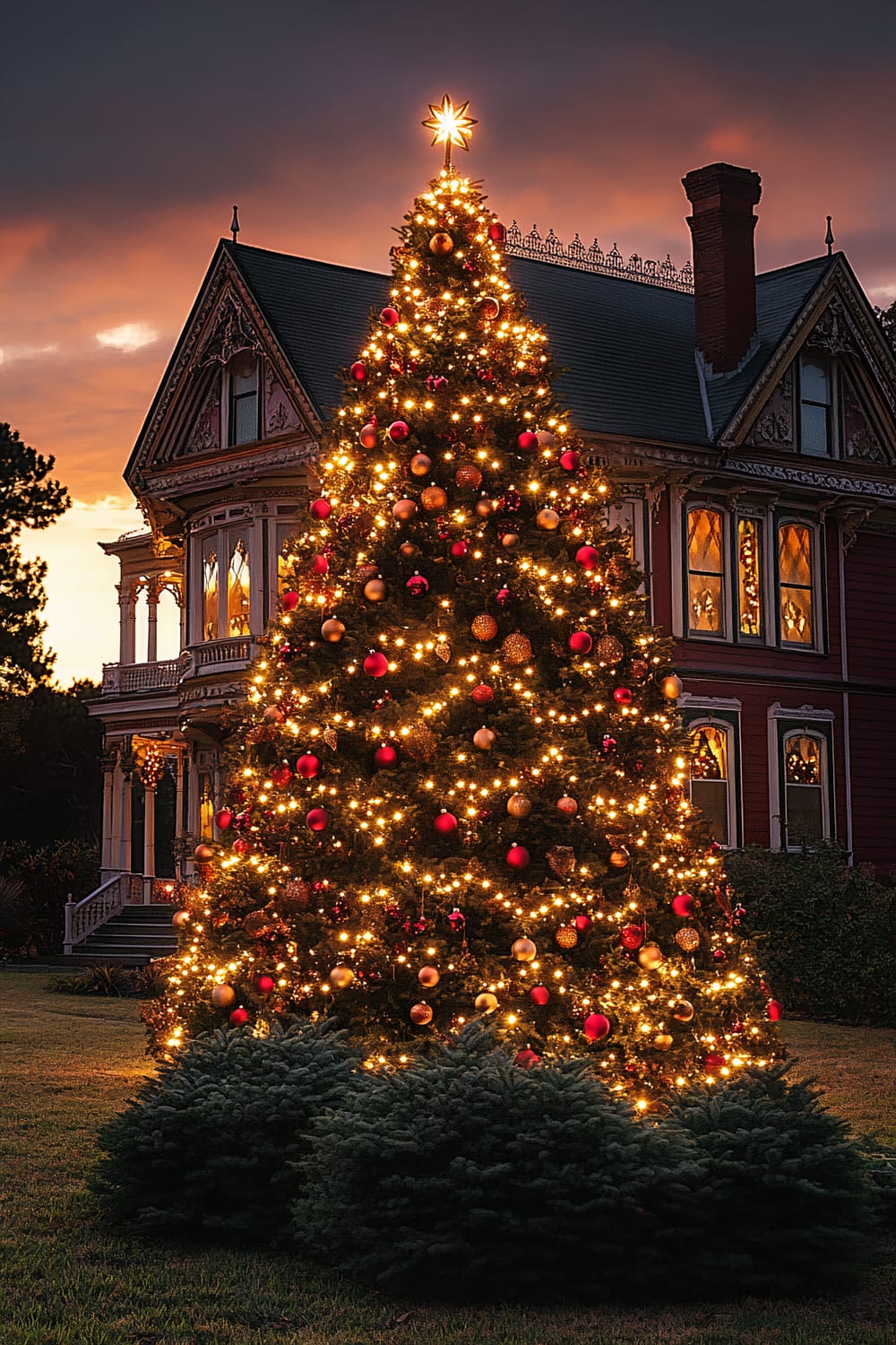 An elegantly decorated outdoor Christmas tree adorned with red and gold ornaments, illuminated by warm white fairy lights. The tree stands in front of a Victorian-style house during golden hour, surrounded by softly lit evergreen shrubs.