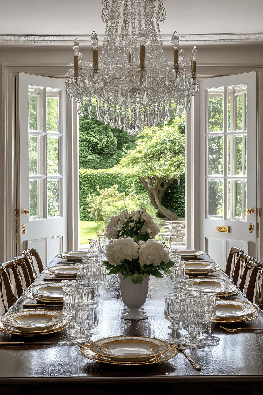 A sophisticated dining room in a London home featuring a long, dark wood table adorned with gold-rimmed china and sparkling crystal glassware. Majestic crystal chandelier overhead provides twinkling illumination, while expansive French doors open to a lush garden view, amplifying the elegant atmosphere.