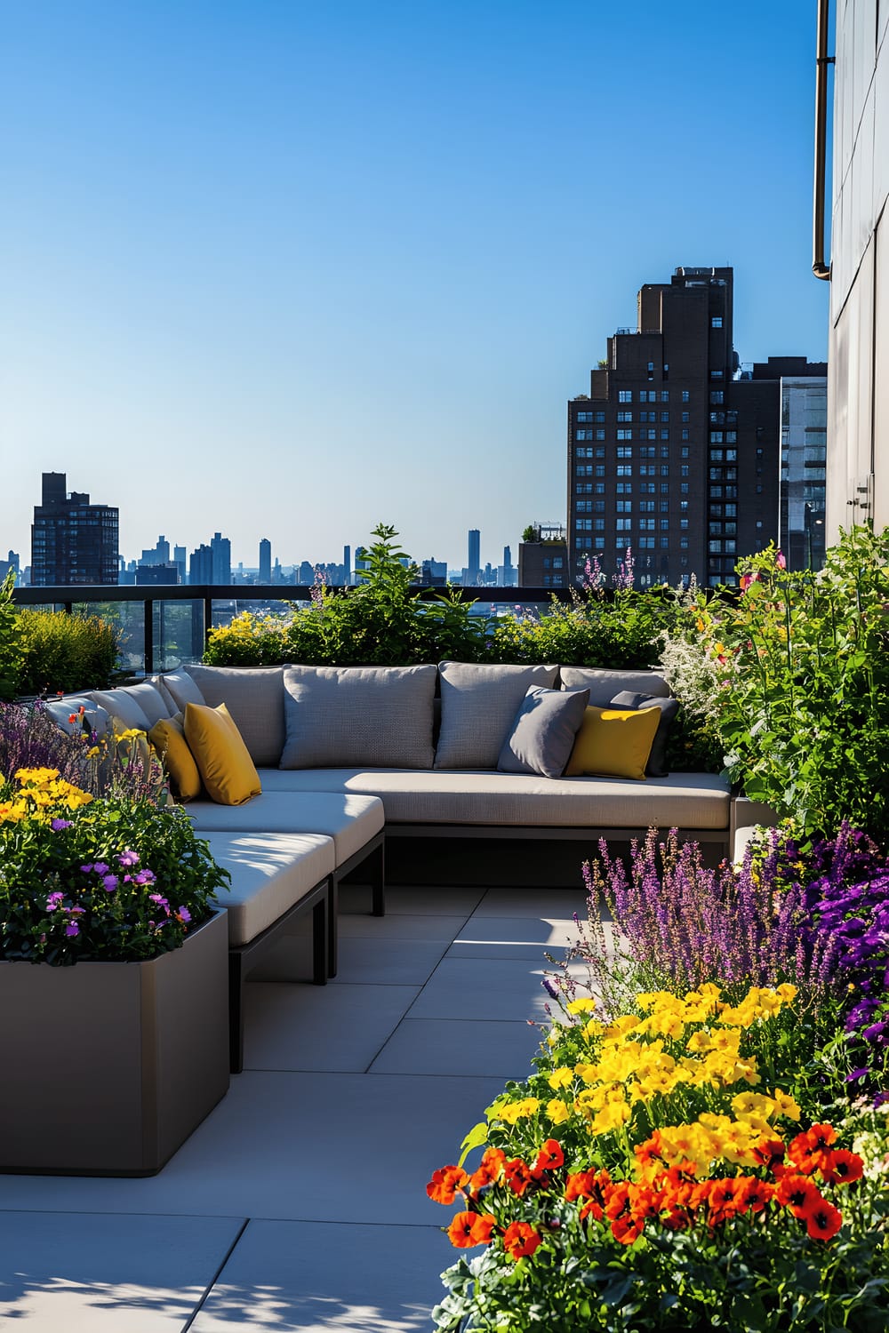 A splendid urban rooftop garden featuring raised flower beds filled with a variety of spring plants including pansies, petunias, and small shrubs. Amidst this natural beauty are stylish outdoor furniture pieces such as a sofa and armchairs with light-colored cushions, all set under a clear, blue sky.