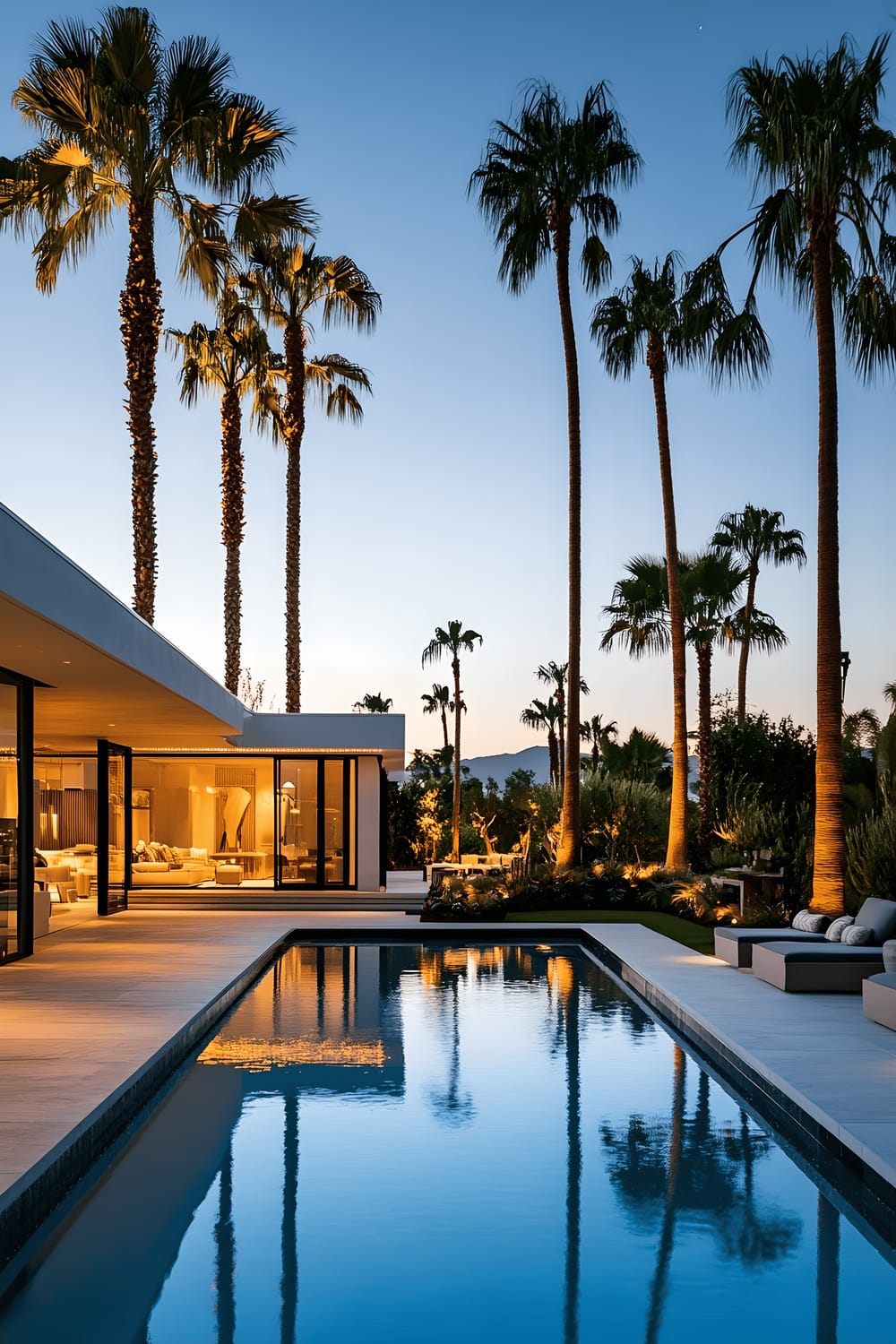 A dreamy backyard scene with a rectangular infinity-edge pool providing an illusion of water seamlessly transitioning into the horizon. Tall, slender palm trees gently swaying in the breeze, their trunks lit up by ambient lighting that illuminates the surroundings. A chic poolside seating area featuring comfortable loungers and a sleek, dark wood coffee table. The whole scene bathed in a soft evening glow.