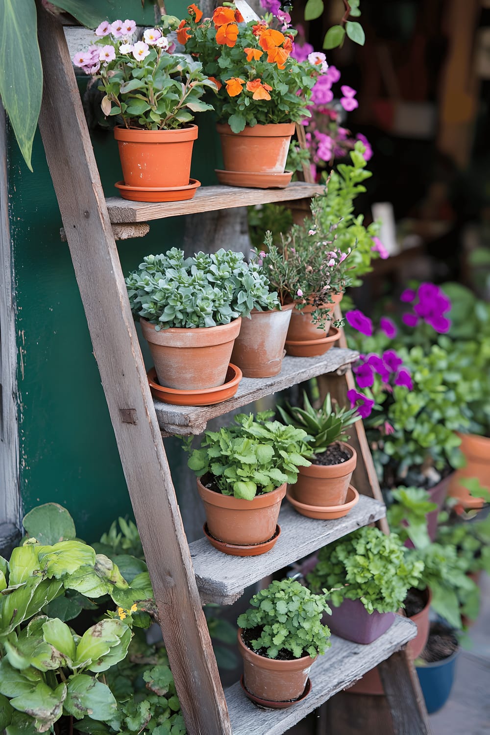 A vintage wooden ladder leaning against a rustic wall, serving as a vertical planter. Each step of the ladder holds terracotta pots filled with a variety of plants including blooming geraniums, herbs, and succulents, creating a charming and functional display of garden life in a limited space.