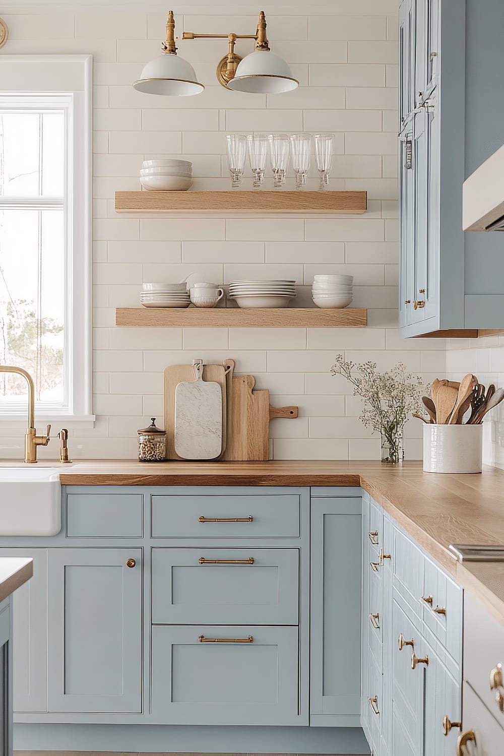 A light and airy kitchen showcases light blue cabinetry with brass handles and a wooden countertop. A white farmhouse sink with a brass faucet is positioned beneath a window. Decorative wooden boards and a ceramic jar with a lid rest on the counter. Floating wooden shelves mounted on a white subway tile backsplash display white cups, plates, and glasses. A vase with white flowers and a utensil holder with wooden spoons add charm to the space. Above the shelves, a brass and white double sconce light fixture provides illumination.