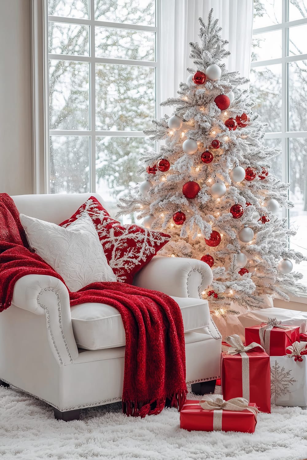 A cozy winter living room corner featuring a white Christmas tree adorned with red and white ornaments and warm fairy lights. A plush white armchair with nailhead trim is draped with a vibrant red throw blanket and is accompanied by two accent pillows, one red with a festive pattern and one white. The tree is surrounded by several wrapped presents in red and white wrapping. A side table with a warm cup of cocoa is by the armchair. Large windows in the background reveal a snowy landscape, enhancing the serene winter atmosphere.