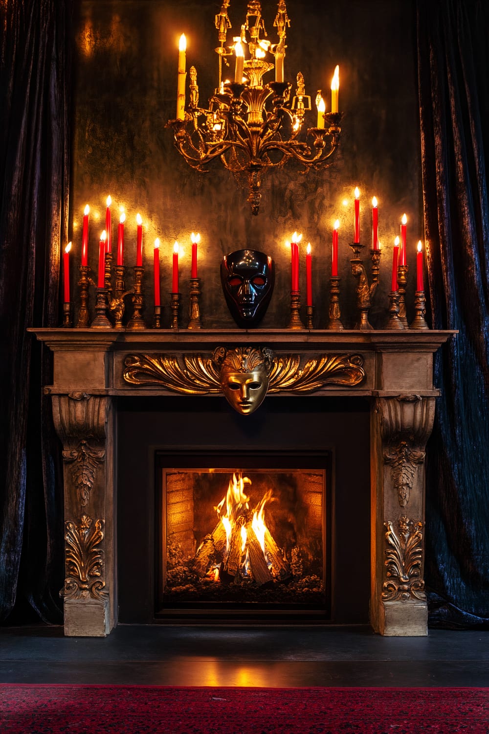 A dramatic fireplace setting inspired by the Phantom of the Opera, featuring a classic golden candelabra lit with red candles. Dark, velvet drapes surround the fireplace, and a mask is subtly placed on the mantle under a spotlight. The fireplace itself has an elaborate carved design, and the fire is burning brightly.