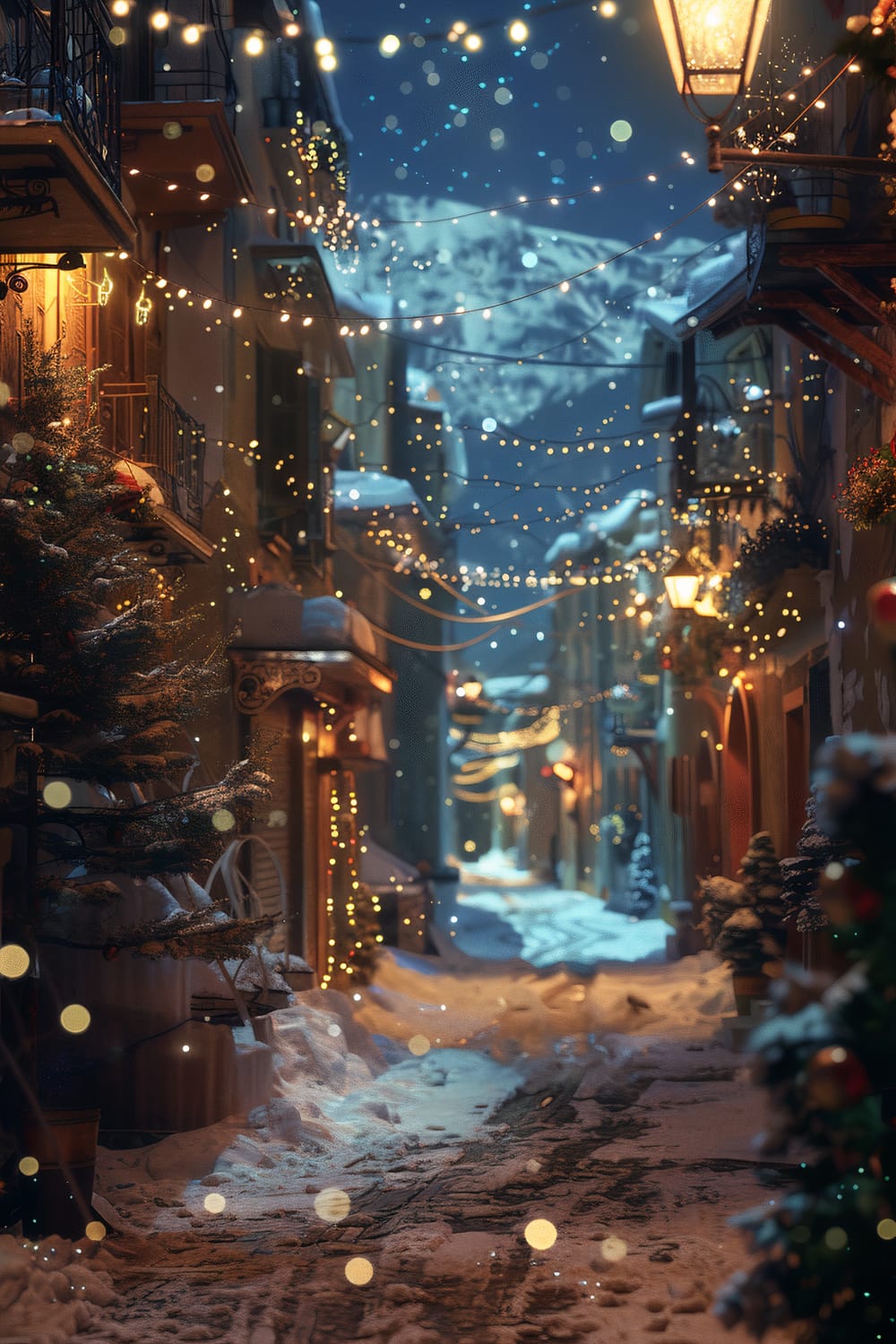 An enchanting winter street scene at night, adorned with numerous fairy lights strung across the narrow passageway and decorating the buildings and trees. Snow blankets the ground and rooftops, creating an idyllic, festive atmosphere. The lamps emit a warm glow, illuminating the cobblestone pathway and highlighting the holiday decorations that add to the charm of the scene. Mountains can be seen in the background, adding to the picturesque winter wonderland.