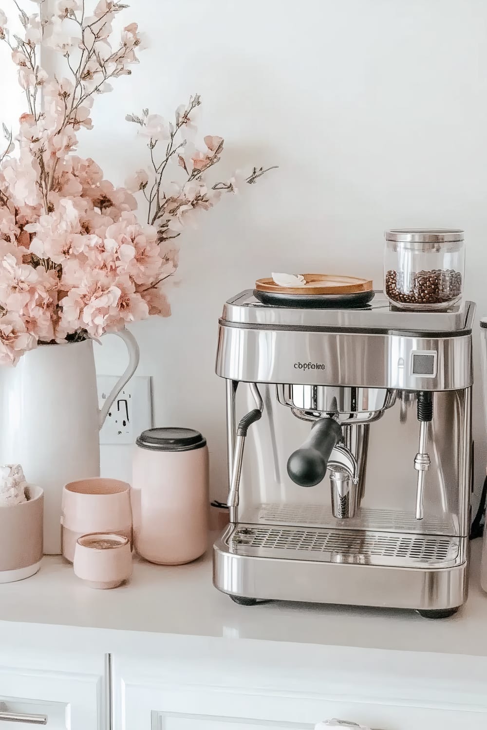 A modern stainless steel espresso machine sits on a white countertop. To the left, there is a white ceramic pitcher filled with pink cherry blossom flowers. Also on the counter are a pink canister, a small bowl, and a pink mug.