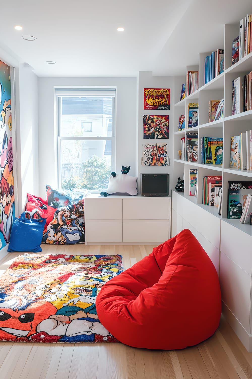 A lively Tokyo living room inspired by manga, featuring colorful wall decals of manga characters, a cozy red bean bag chair, a white bookshelf filled with manga volumes and themed knickknacks, and large windows letting in soft natural light.