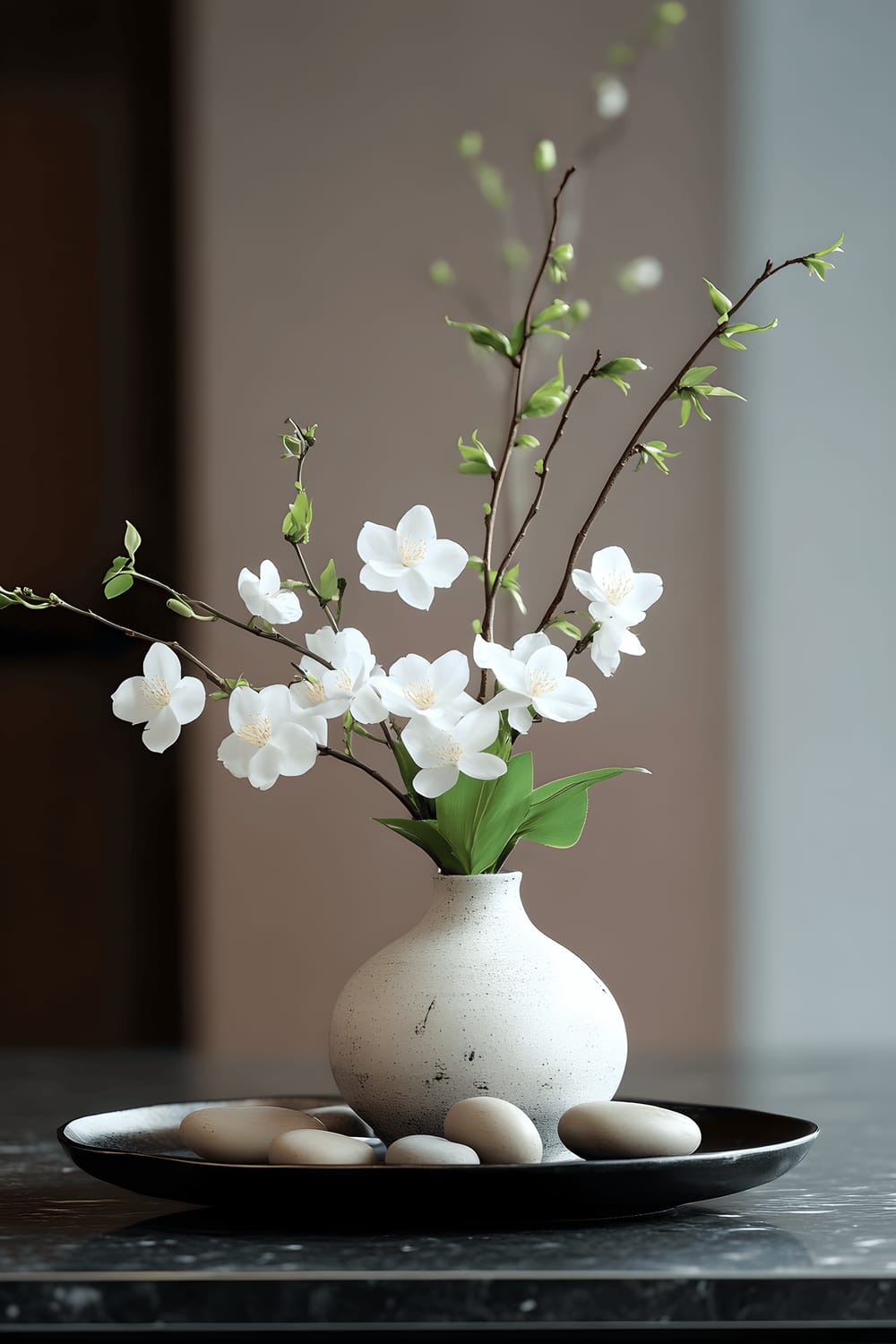 A serene Zen-inspired kitchen table centerpiece featuring a minimalist Ikebana arrangement of white orchids, cherry blossom branches, and green eucalyptus in a shallow elongated ceramic vase placed on a sleek black lacquer plate. The arrangement is surrounded by smooth river stones and a few bamboo shoots, all illuminated by soft, ambient lighting.