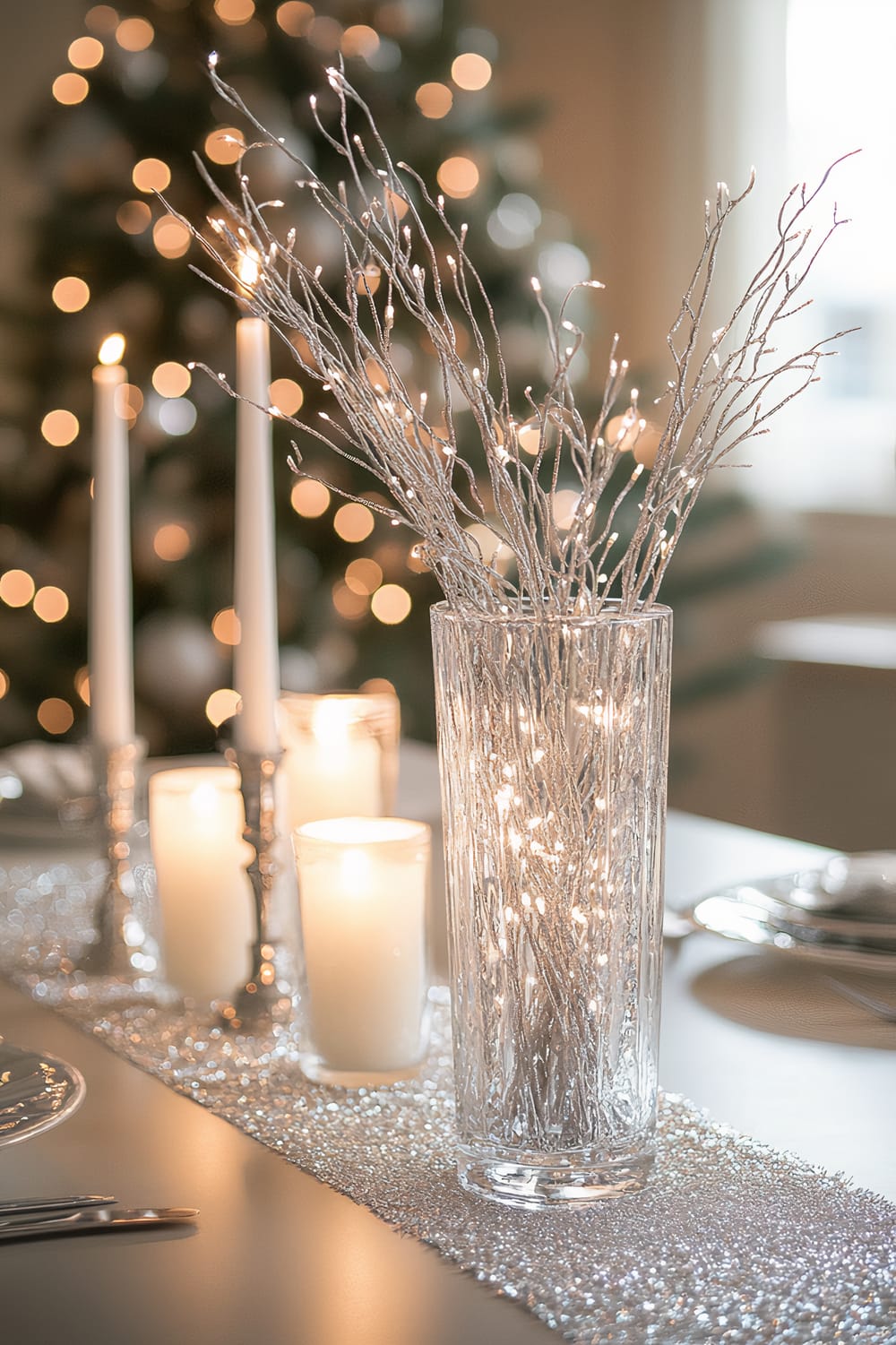 A sparkling Christmas centerpiece features a transparent vase filled with shimmering silver branches, illuminated by tiny lights. The vase is placed on a silver sequin table runner, surrounded by tall white candles in silver holders and white votive candles. In the blurred background, a Christmas tree adorned with warm lights is visible.