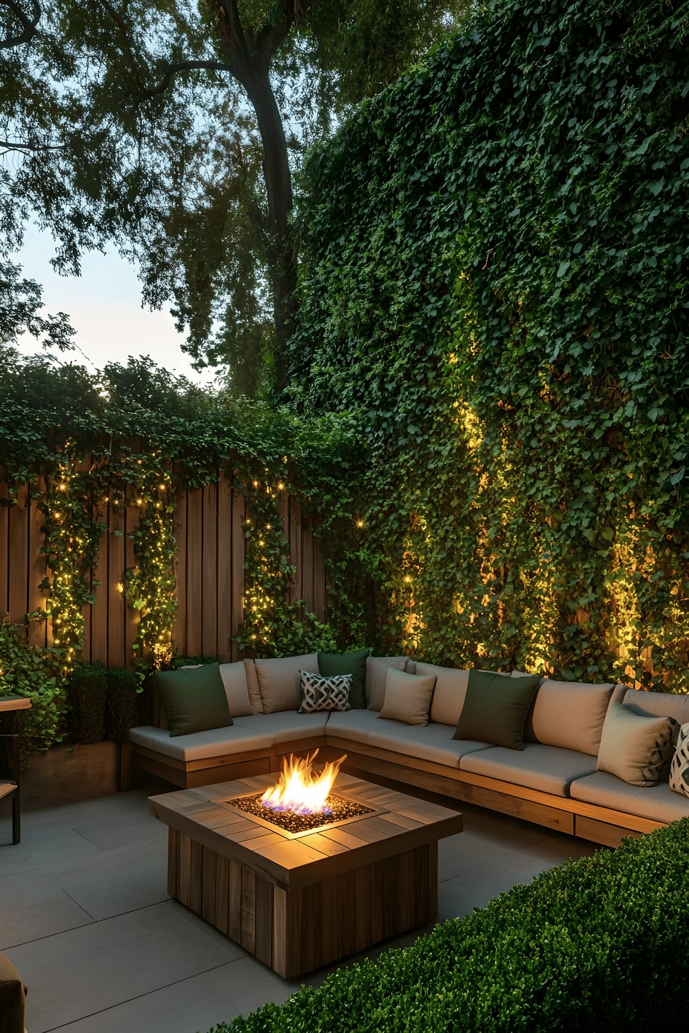 A serene backyard setting at dusk featuring a natural wooden fence covered in dark green ivy, plush seating around a glowing fire table in a cozy nook, and tall enclosing hedges forming a privacy screen.