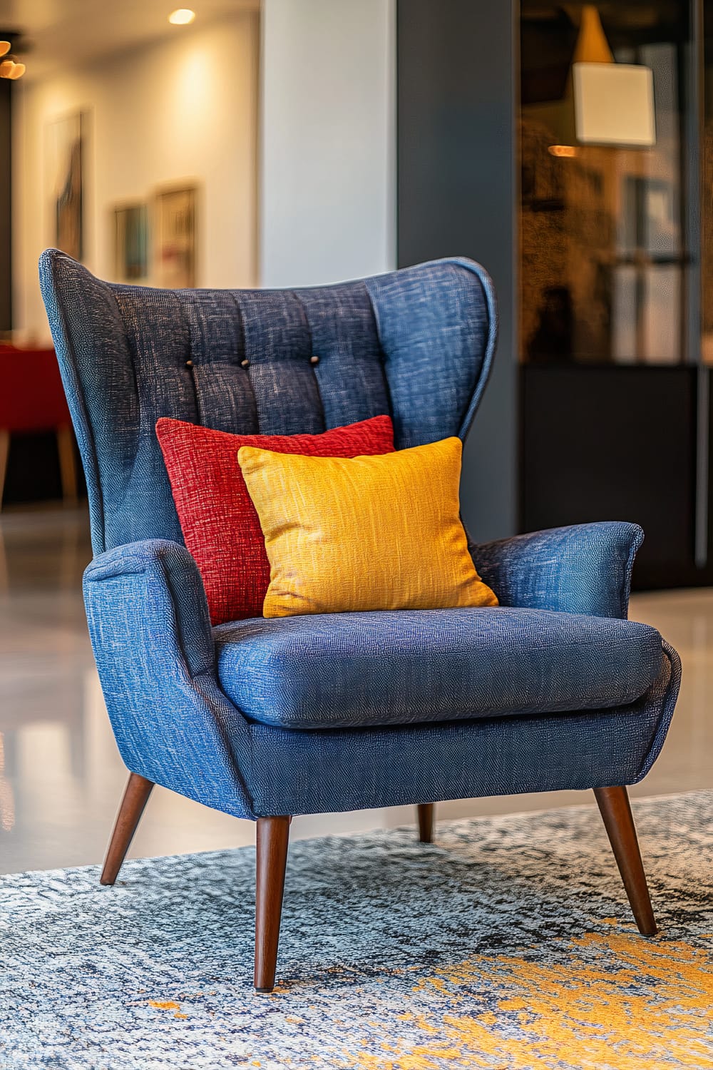 An armchair upholstered with deep indigo upcycled denim fabric, highlighted by focused lighting. The chair features bright red and yellow throw pillows and is positioned on a simple rug in a contemporary living space with black and white décor elements in the background.