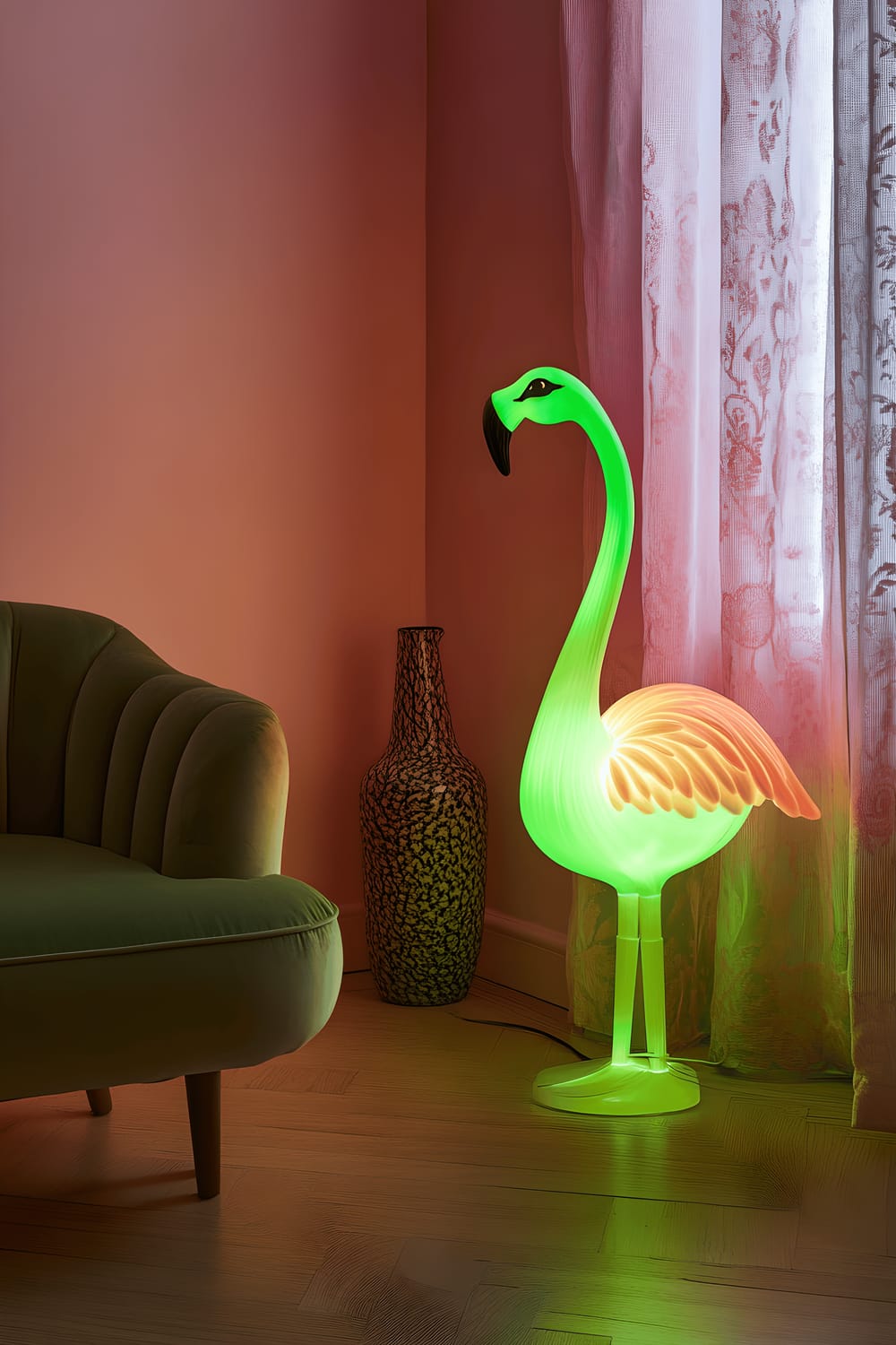 A playful and whimsical room featuring a vibrant neon green flamingo lamp placed next to a pastel-colored velvet armchair. The lamp radiates a colorful light that creates charming shadows on a light oak floor. The room is further illuminated by bright sunlight that filters in through a window dressed with patterned curtains. The image background showcases soft pink walls adorned by a single unique ceramic vase.