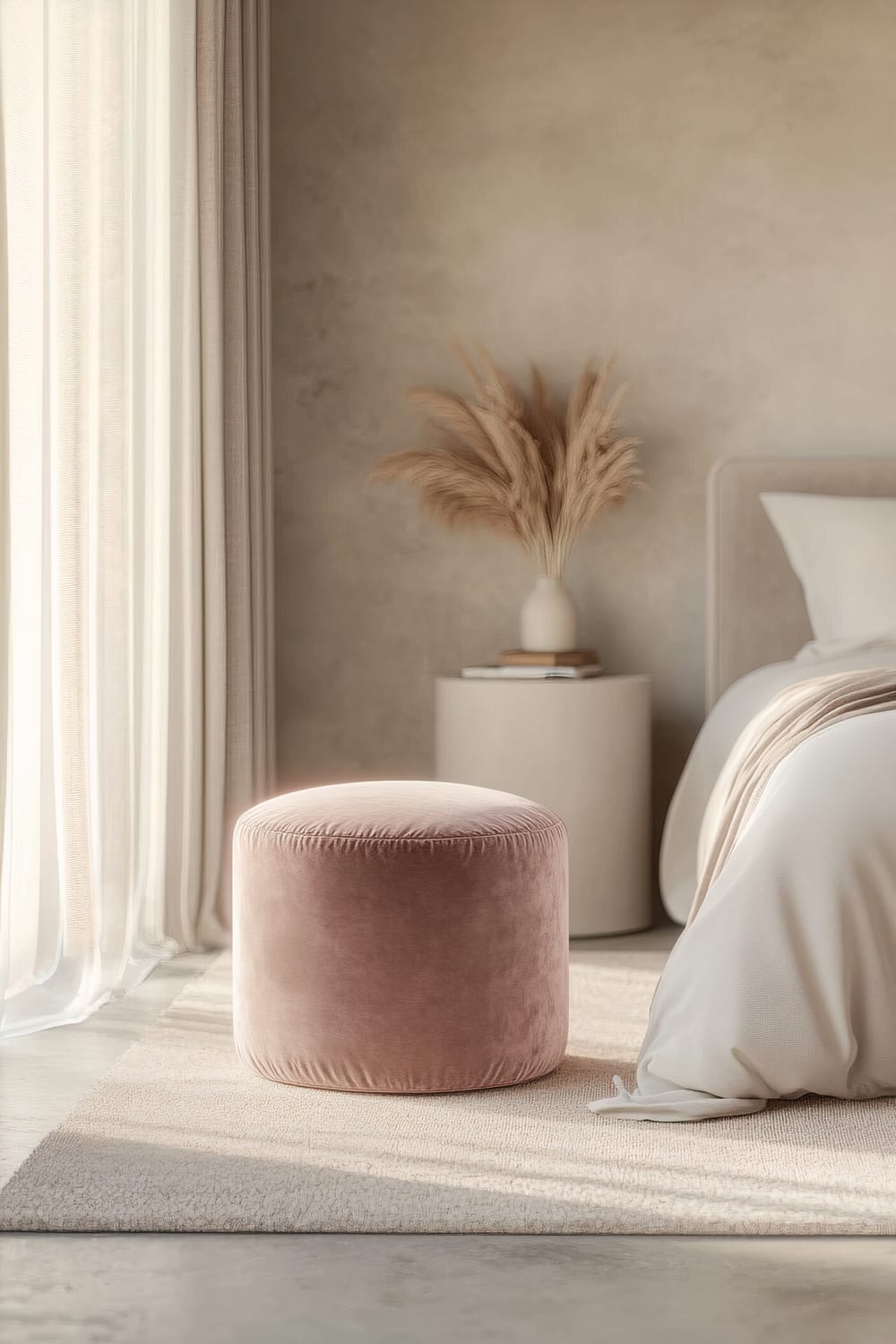 A contemporary neutral bedroom featuring a soft beige rug and minimalist decor. A single pink velvet pouf is placed near the bed. Natural light streaming in through curtains enhances the pink hue of the pouf and adds a cozy and stylish atmosphere. The background includes neutral-toned walls with a small round table holding dried pampas grass in a white vase.