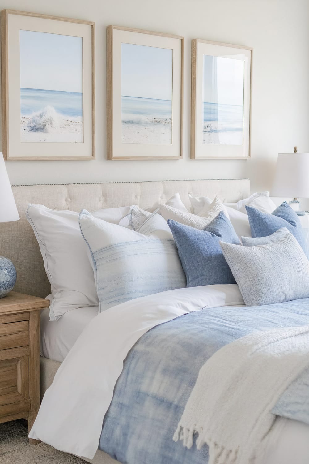 Elegant bedroom with a beach-inspired theme. The bed is adorned with white and light blue bedding and throw pillows, and a light beige upholstered headboard. Above the bed are three framed coastal photographs. The bedside table is wooden, with a textured blue lamp, complementing the room's color scheme.