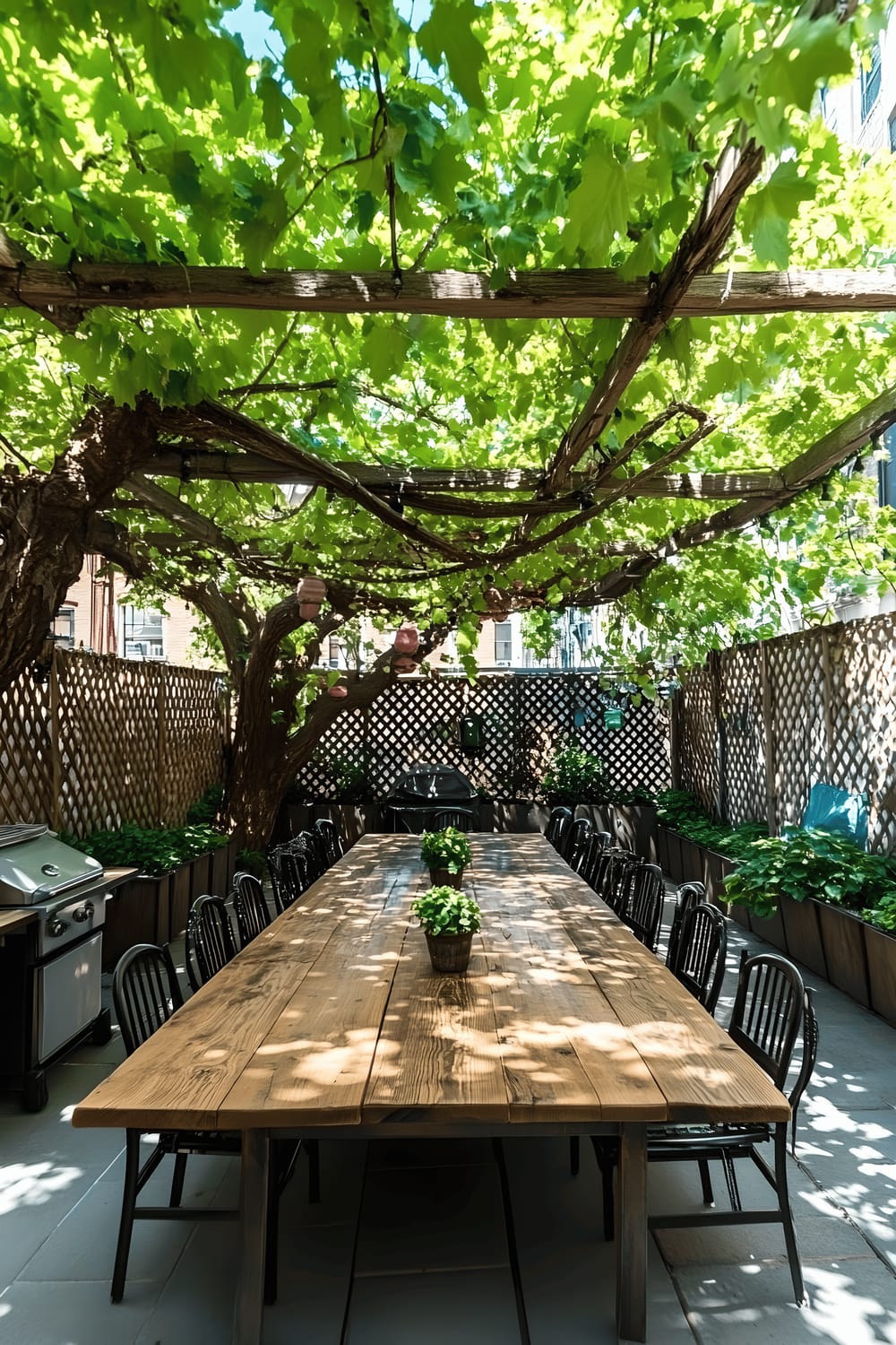 A modern outdoor patio featuring a large wooden dining table surrounded by six sleek black chairs, set under a blooming, vibrant tree. The gray-tiled flooring beautifully complements lattice privacy walls and minimalist planters filled with lush green plants. The scene is accented with a stainless steel grill and several decorative orange pumpkins.