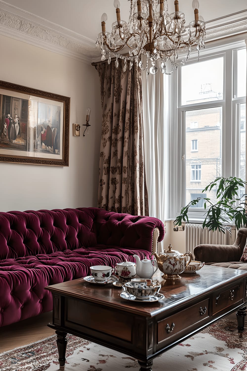 An elegantly decorated room in a London flat features a warm color palette of burgundy, cream, and dark wood. The room comprises of a deep, tufted burgundy Chesterfield sofa set against cream walls, a dark wooden coffee table in the center, adorned with a porcelain tea set, and a vintage brass chandelier casting a warm light over the scene. Large windows dressed with velvet drapes offer a view of a quintessential London street scene.