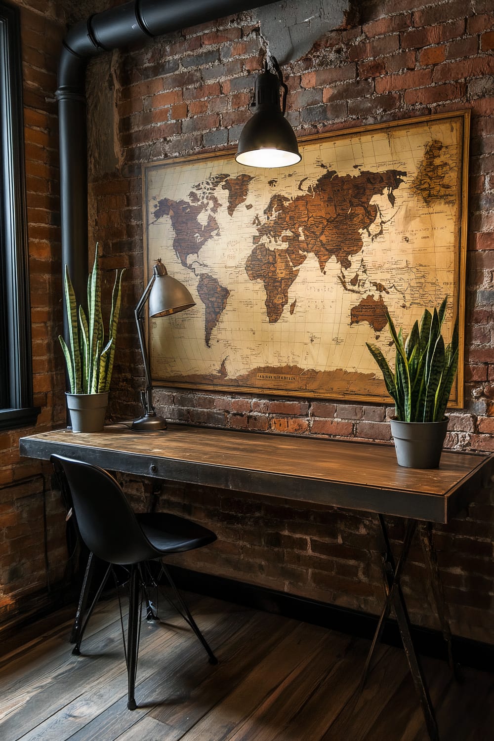 A vintage industrial study room with a wooden desk featuring metal legs, a vintage task lamp, and two potted snake plants. The room has exposed brick walls and a large vintage world map, illuminated by soft warm lighting from an overhead industrial lamp. A single black chair is placed at the desk, highlighting the study area and vintage elements.