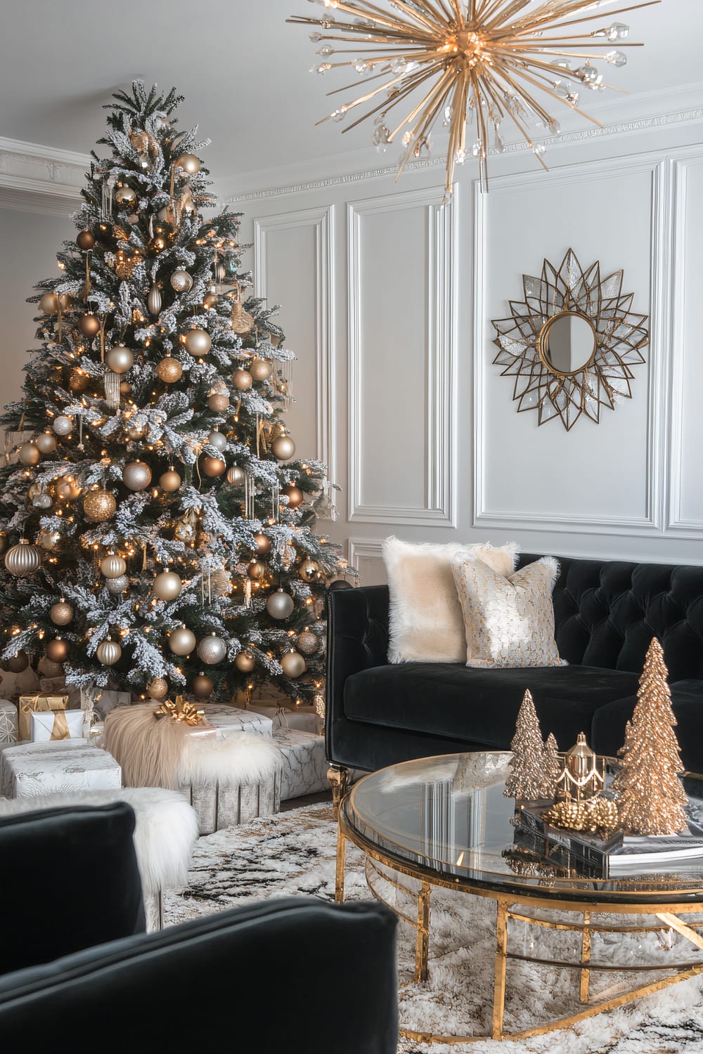 A festive living room featuring a richly decorated Christmas tree with golden and silver ornaments and twinkling lights. The room has a sophisticated, elegant aesthetic, with plush black sofas adorned with metallic and fur throw pillows. A round glass coffee table with gold legs is centered in the room, showcasing decorative golden miniature trees and a small lantern. The walls are adorned with luxurious white paneling and a glamorous starburst mirror. Overhead, a striking starburst chandelier in gold with crystal accents adds to the opulent charm of the space. Wrapped presents and fluffy ottomans enhance the festive atmosphere.