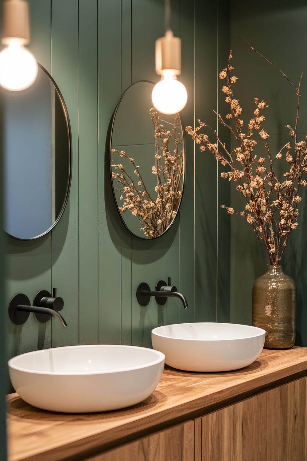 An elegantly designed bathroom features twin oval mirrors and matching vessel sinks atop a wooden countertop. The green wall paneling adds a calming backdrop, while a single large vase with dried branches adds an organic touch. Minimalist, black wall-mounted faucets and pendant lights add modern elements to the space.