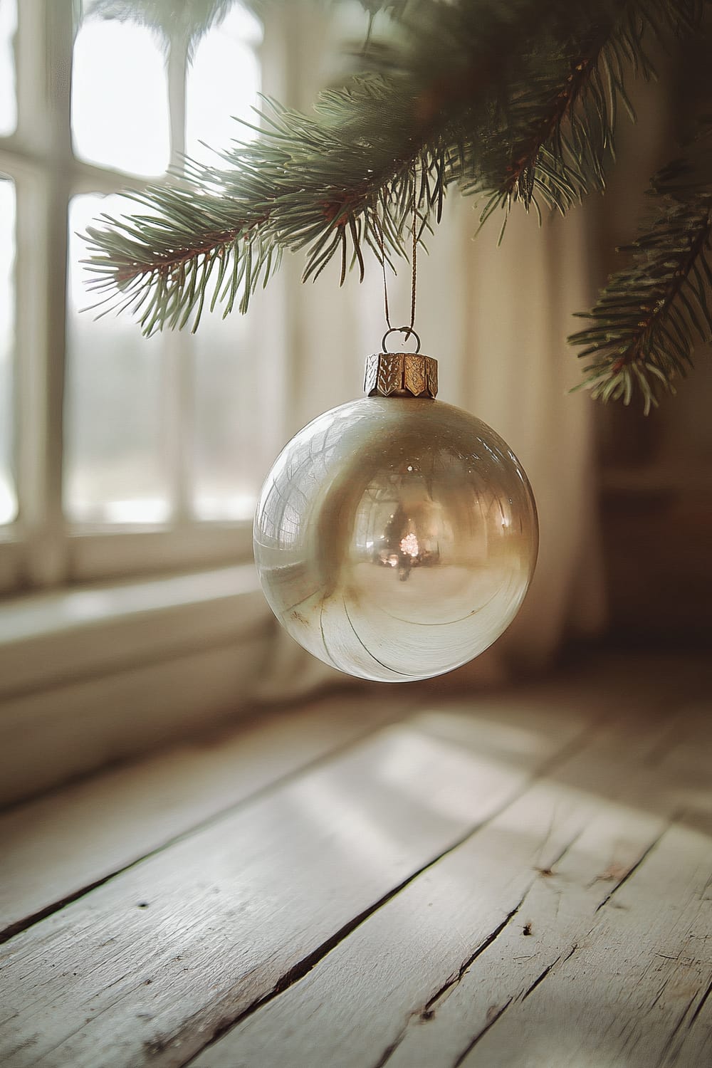 A close-up image of a delicate, vintage glass Christmas ornament hanging from a green pine tree branch. The background includes a large window with soft natural light streaming in, creating a warm and inviting ambiance. The ornament features a subtle, aged patina, with a reflective surface that distorts images and light, adding to its nostalgic charm.