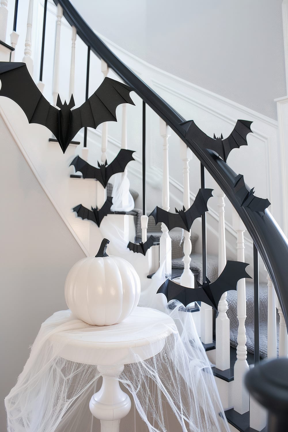 A staircase decorated for Halloween with black-paper bats attached to the white risers and dark railing. A white round table in the foreground is adorned with thin, translucent spider webs and holds a smooth, white pumpkin. The overall setting is in a room with light gray walls, and the staircase's steps are covered in gray carpet runners.