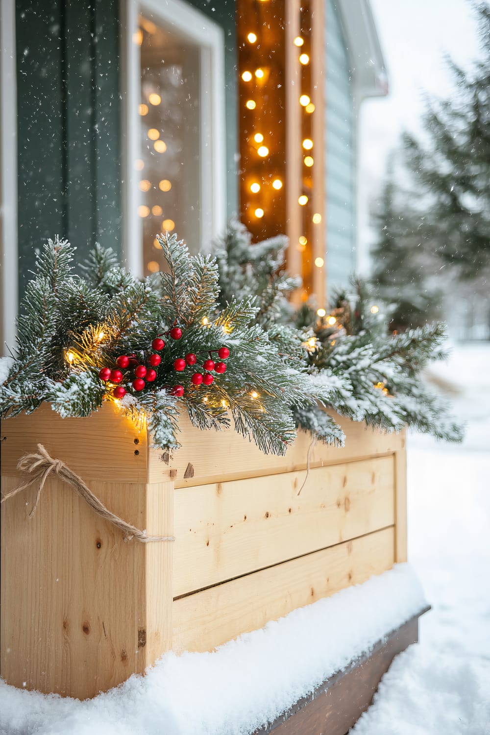 A large wooden planter filled with lush Blue Spruce branches, adorned with red berry sprigs and natural twine ribbons, sits on a snow-covered Scandinavian-style porch. Warm white LED string lights are draped around the greenery. Snow gently falls around the planter, creating a cozy winter ambiance.