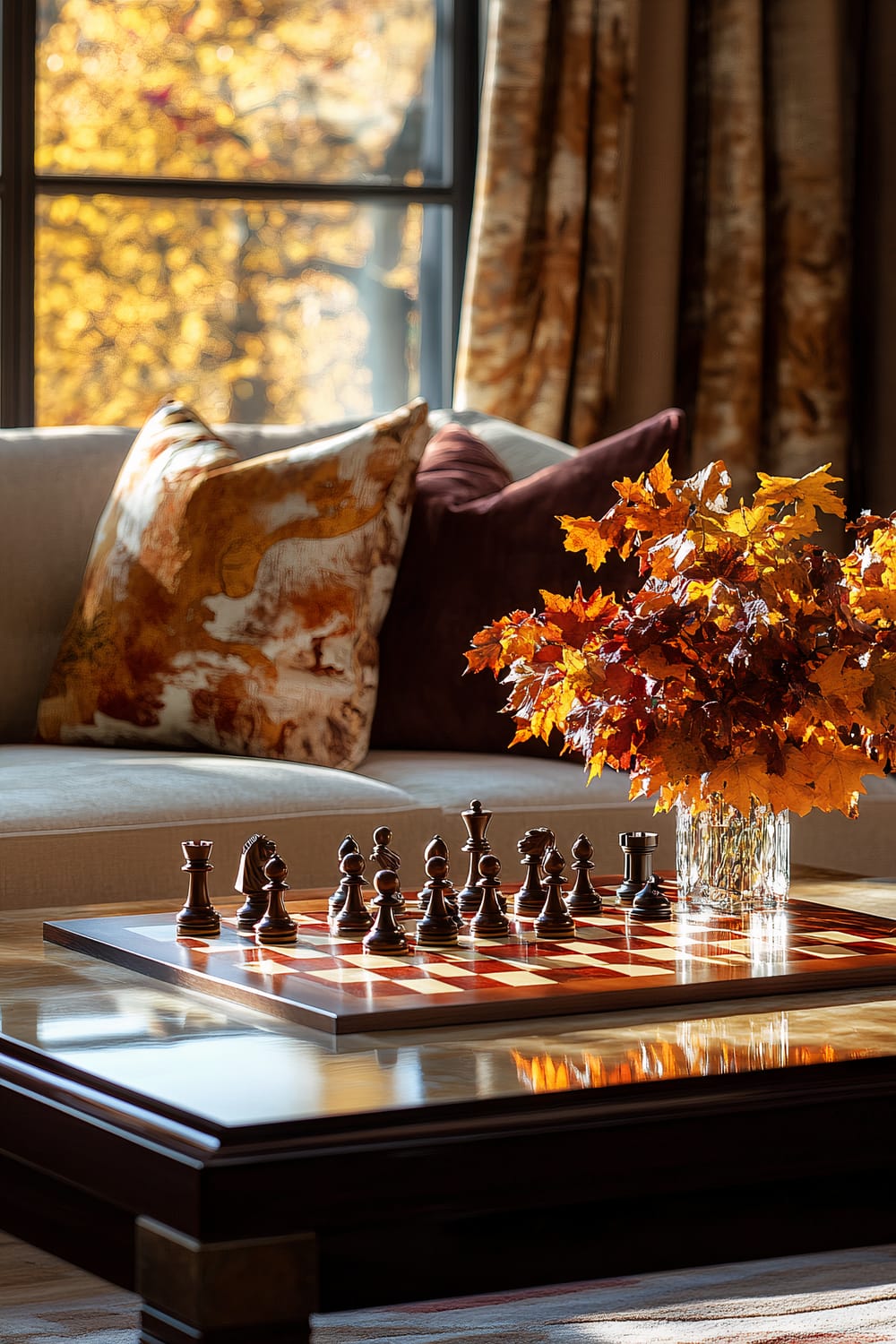 An elegant coffee table featuring a chessboard with red and gold pieces in the middle of a game. The chessboard sits next to a vase filled with autumn leaves in bright fall colors. In the background, a sofa with decorative pillows in rich autumn hues is visible, complemented by floor-to-ceiling curtains. A large window reveals the outdoor scenery with trees adorned in autumnal shades.