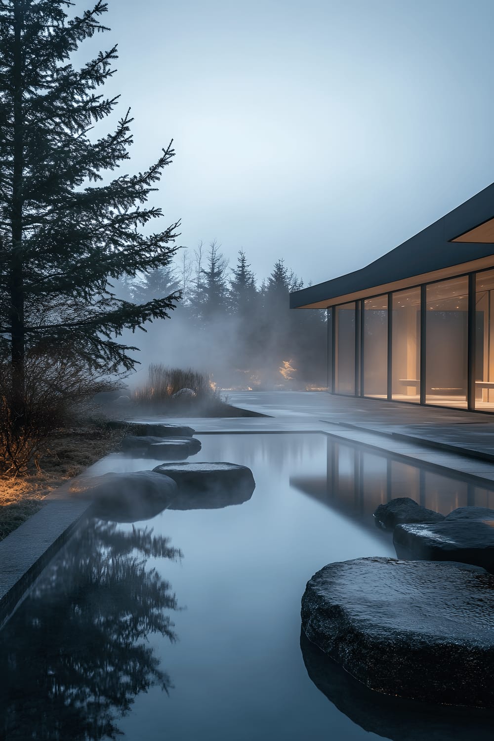 A serene, natural hot spring enveloped by an elegant minimalist garden. The setting comprises of smooth black volcanic stones, scattered pine trees, and the warm, subtle glow from concealed ambient lighting reflecting off the calming waters of the spring. The atmosphere is tranquil and soothing, making a pitch-perfect example of the revered Scandinavian aesthetic applied to a nature-driven landscape.