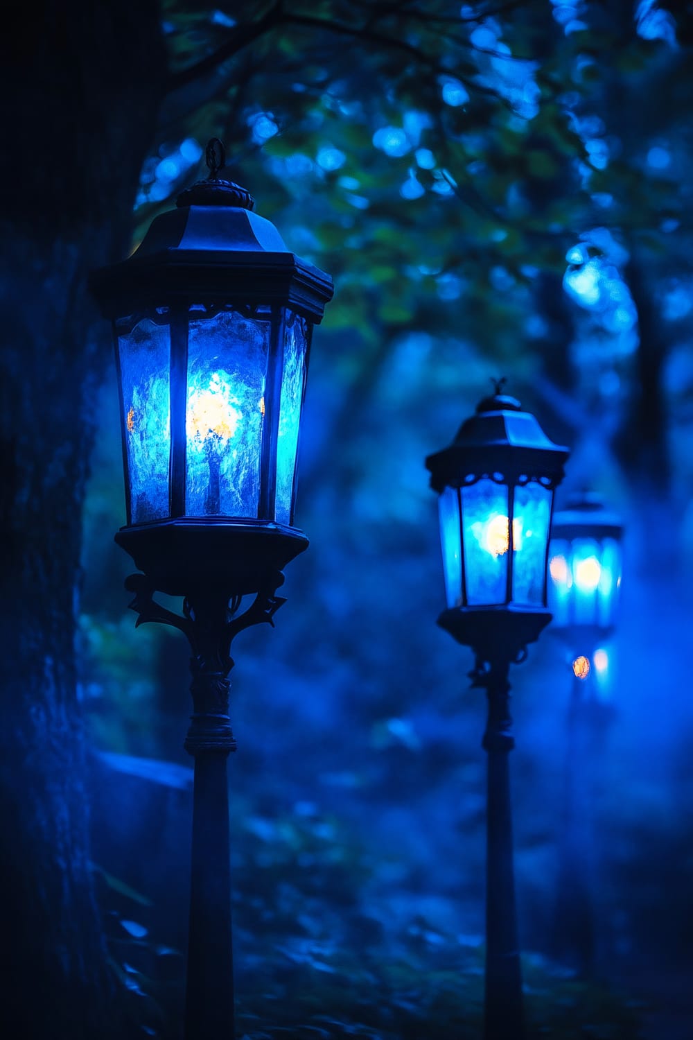 An outdoor Halloween setup featuring tall, slender lanterns emitting an eerie blue light. The lanterns are arranged in a line with a dark, slightly blurred forest background that exudes a spooky yet enchanting atmosphere.