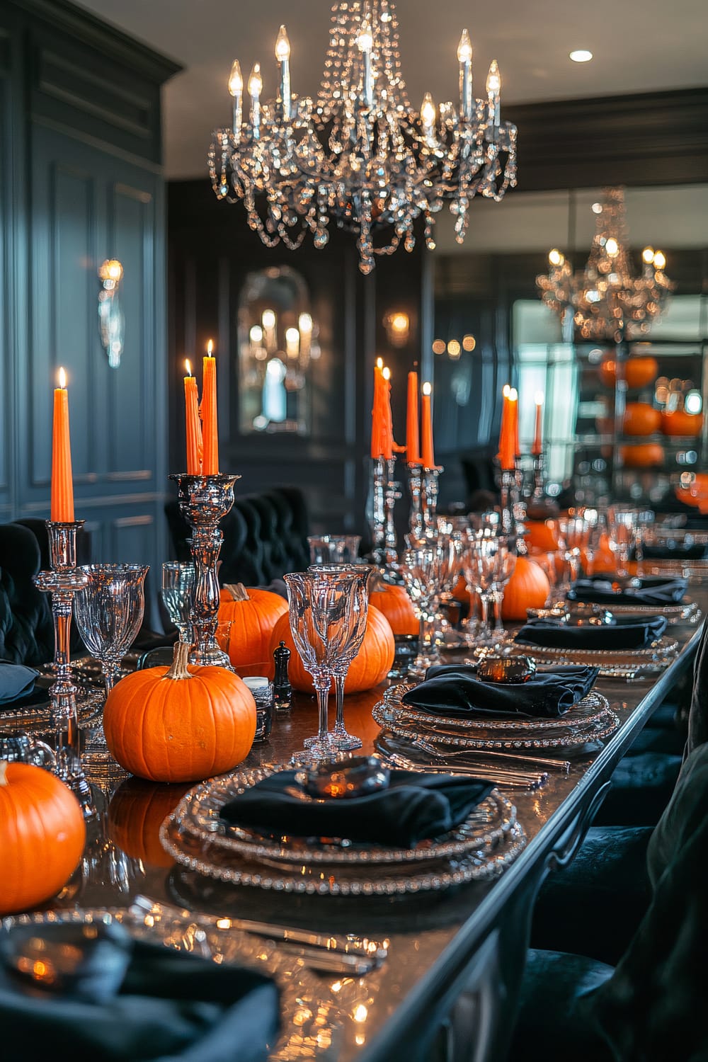 Elegant dining room set for a Halloween-themed dinner. The long table is adorned with miniature pumpkins and tall orange taper candles in silver candlesticks. Crystal glassware, black napkins, and silver plates add a luxurious touch. A glittering chandelier hangs above, reflecting in the mirrors on the dark-painted walls.