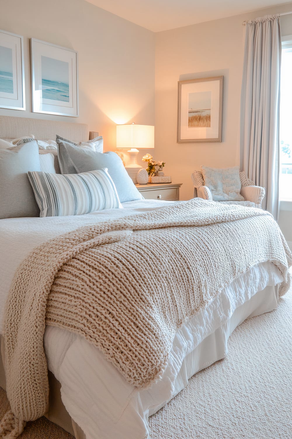 An elegant bedroom with a soft, neutral color scheme. The bed features white bedding with a large, chunky knit blanket draped over it. Several pillows in varying shades of blue and white with striped patterns are arranged neatly. On the nightstand, there is a classic lamp, some decorative items, and a small bouquet of flowers. The walls are adorned with framed coastal artwork, and a comfortable armchair with a cushion is placed by the window which has light curtains.