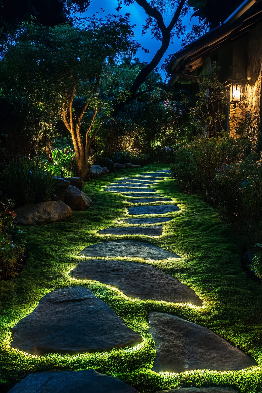 A nighttime garden scene featuring a winding stone pathway illuminated by ground-level lights lining the edges of each stone. The path is surrounded by lush greenery and trees, creating an enchanting and inviting atmosphere. The warm glow of the lights highlights the natural textures of the stones and greenery.