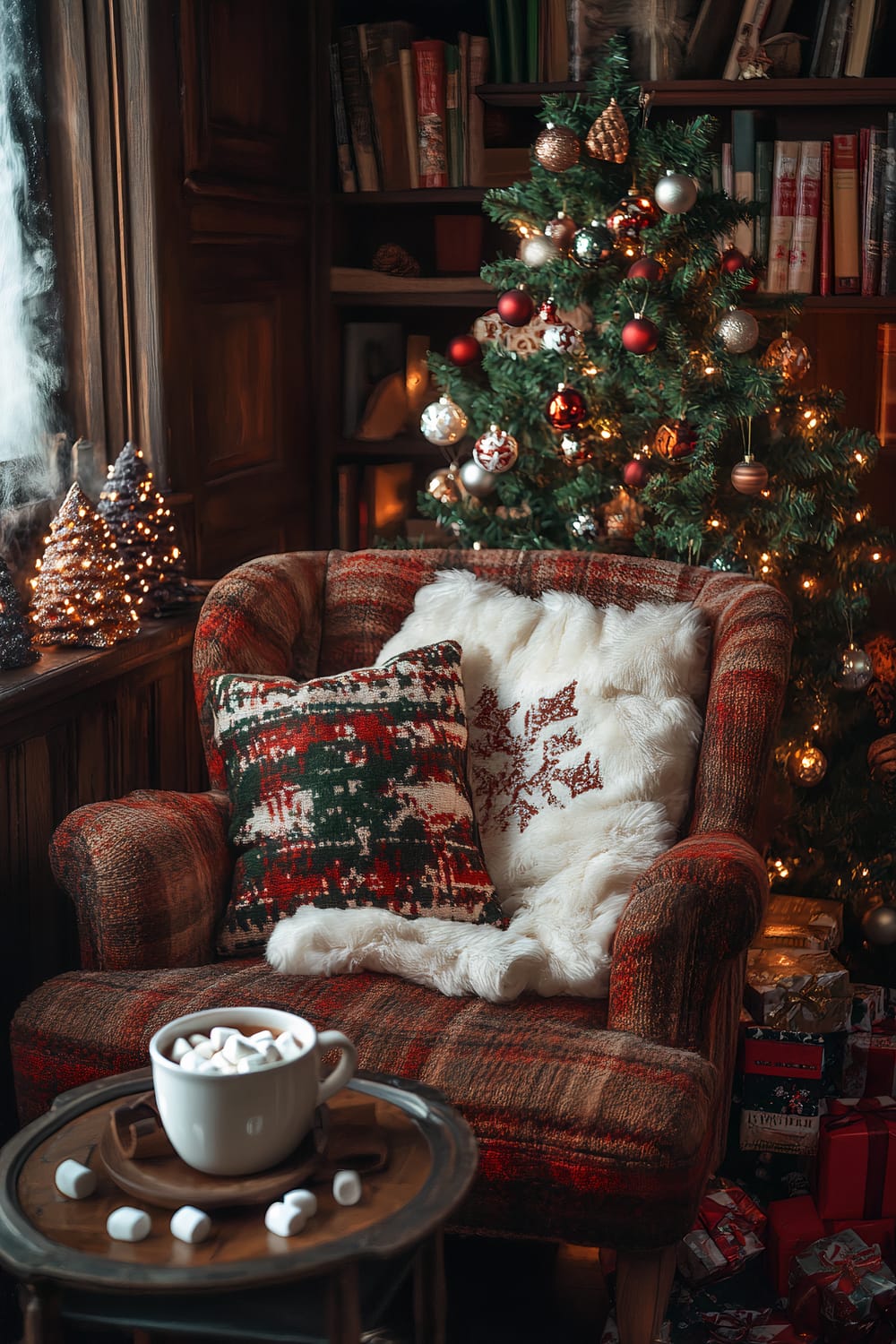 A warm, inviting holiday scene featuring a cozy corner with a red plaid armchair adorned with a white faux fur throw and a decorative holiday pillow. Next to the armchair is a small table holding a mug of hot chocolate topped with marshmallows. In the background, a beautifully decorated Christmas tree with lights and ornaments stands near a well-stocked wooden bookshelf. A window with frosty panes and miniature lit Christmas trees further accentuate the festive ambiance.