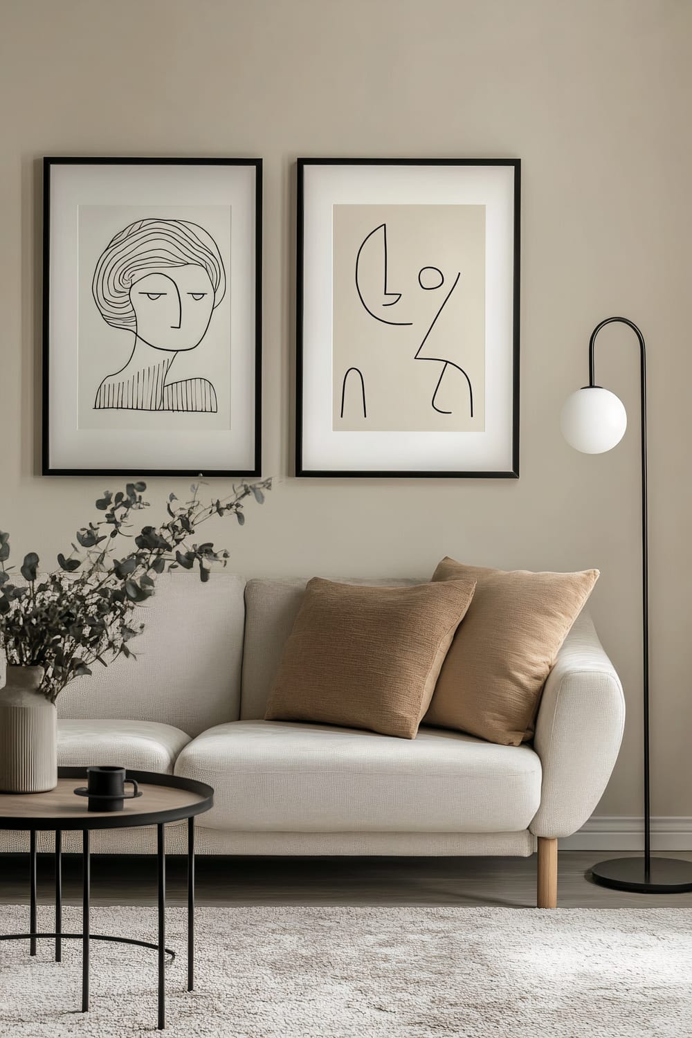 A modern living room featuring a neutral-colored sofa with brown pillows, two line-art framed artworks hanging on a beige wall, a sleek black floor lamp with a white globe, and a small round coffee table with a black cup and vase with greenery.