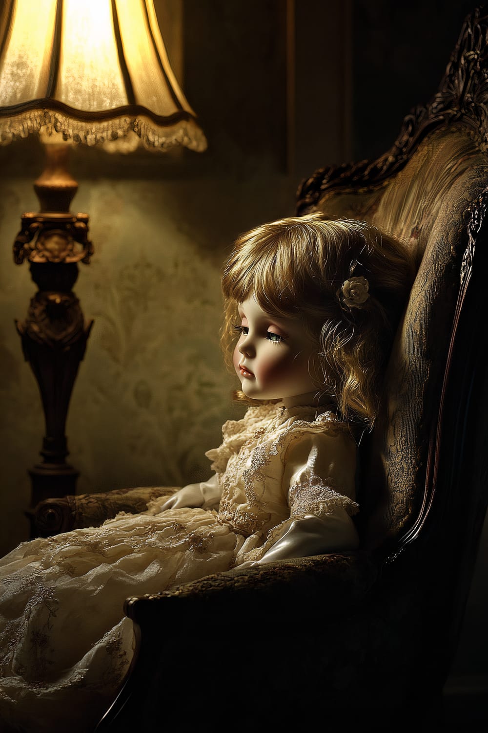 A porcelain doll with lifelike features is seated in an ornate armchair. The doll is illuminated by a nearby lamp, casting deep shadows. The doll has intricate, delicate facial features, blonde hair with a flower clip, and is wearing an elegant, lace-adorned dress. The armchair is upholstered in dark, rich velvet.