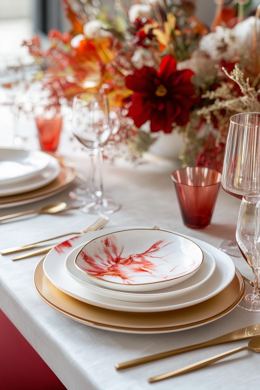 A beautifully set dining table with a white tablecloth, featuring elegant tableware including gold-rimmed plates, a bowl with red abstract design, gold cutlery, and clear wine glasses. The table is adorned with a vibrant centerpiece of red and orange flowers.