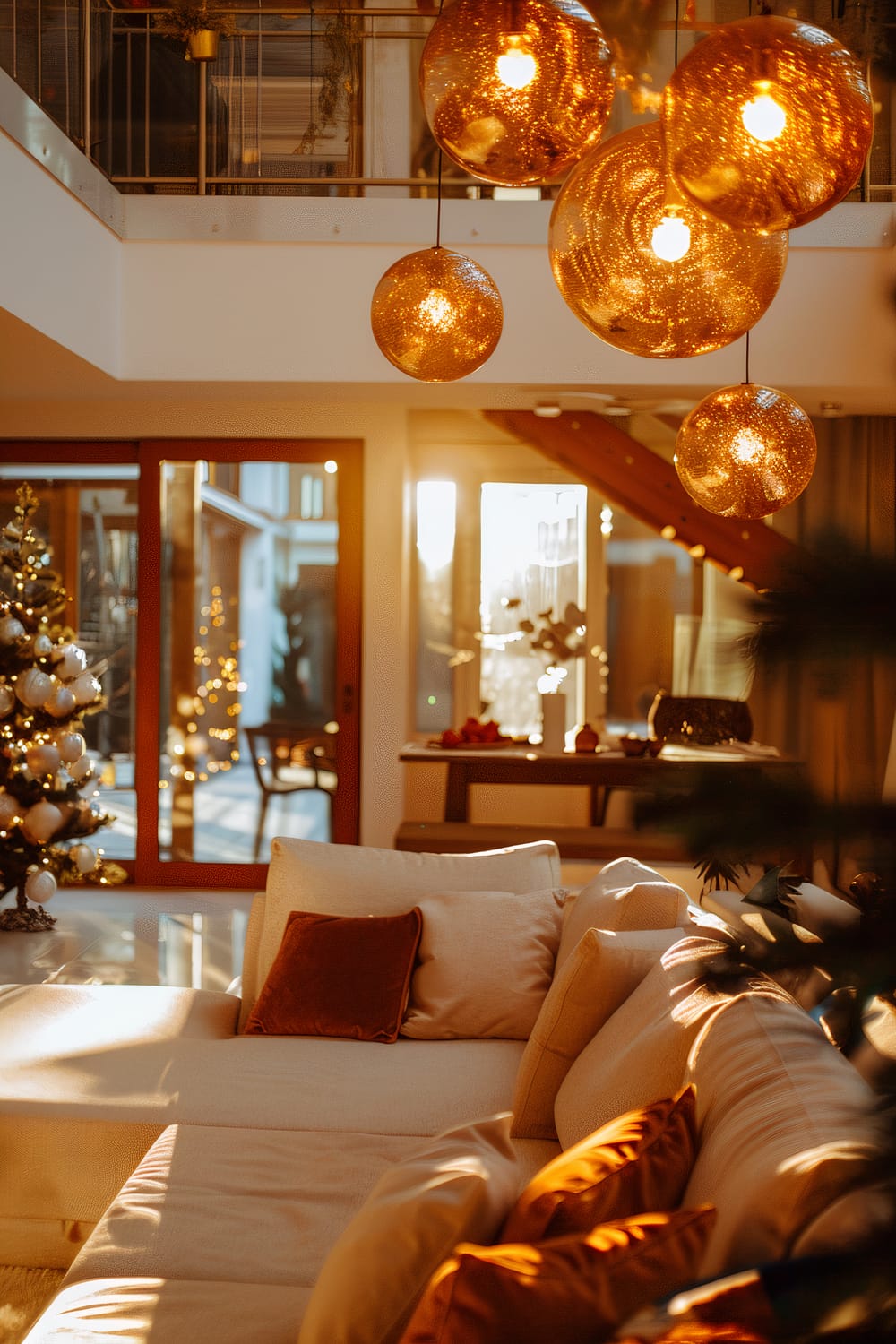 An inviting living room bathed in warm sunlight features a modern beige sectional sofa adorned with brown and beige pillows. Hanging above are spherical pendant lights that emit a golden glow. In the background, a Christmas tree decorated with white ornaments and fairy lights sits next to large windows and a wooden sliding door that opens to an exterior view. The room exudes a festive atmosphere with holiday decorations and soft natural light.