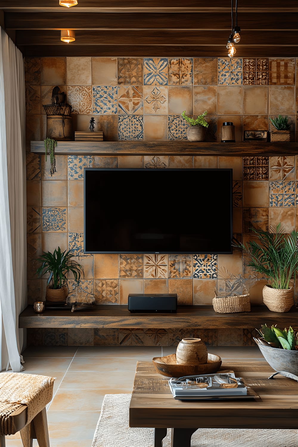 A rustic TV wall decorated with terracotta tiles as a backdrop and displaying decor items on wooden shelves in shades of cream and gold. The scene is gently illuminated by soft, warm lighting from pendant lights.