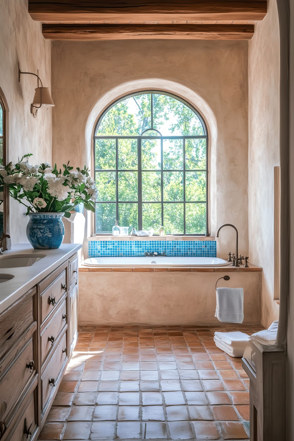 A sunlit bathroom in a Mediterranean villa, featuring warm terracotta tiles, a rustic wooden vanity with wrought iron accents, whitewashed plaster walls, a sleek freestanding bathtub and a large arched window with blue mosaic detailing. The window lets in soft golden sunlight that illuminates a ceramic pitcher with fresh flowers placed at the window sill.