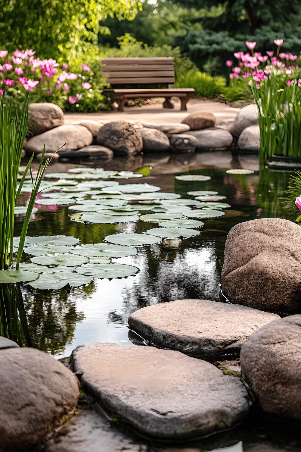 A tranquil backyard pond with blooming water lilies, surrounded by smooth, rounded river rocks. From the pond's edge, a gentle stone pathway leads to a wooden bench tastefully set among the rocks. The reflective surface of the calm water captures the silhouette of the trees, illuminated by the soft morning light.