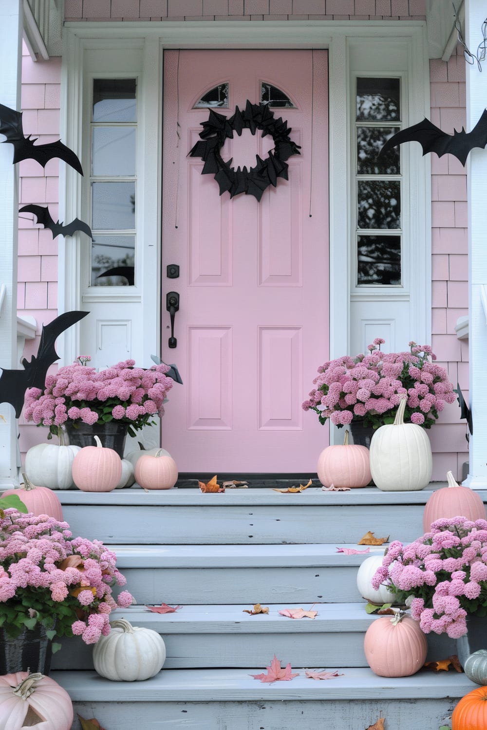 A pastel pink front door with matching pink siding is decorated for Halloween. The door features a black wreath made of bat shapes, and black paper bats are attached to the white-framed side windows. The steps leading to the door are decorated with light pink and white pumpkins along with pink chrysanthemum flowers in metal buckets.