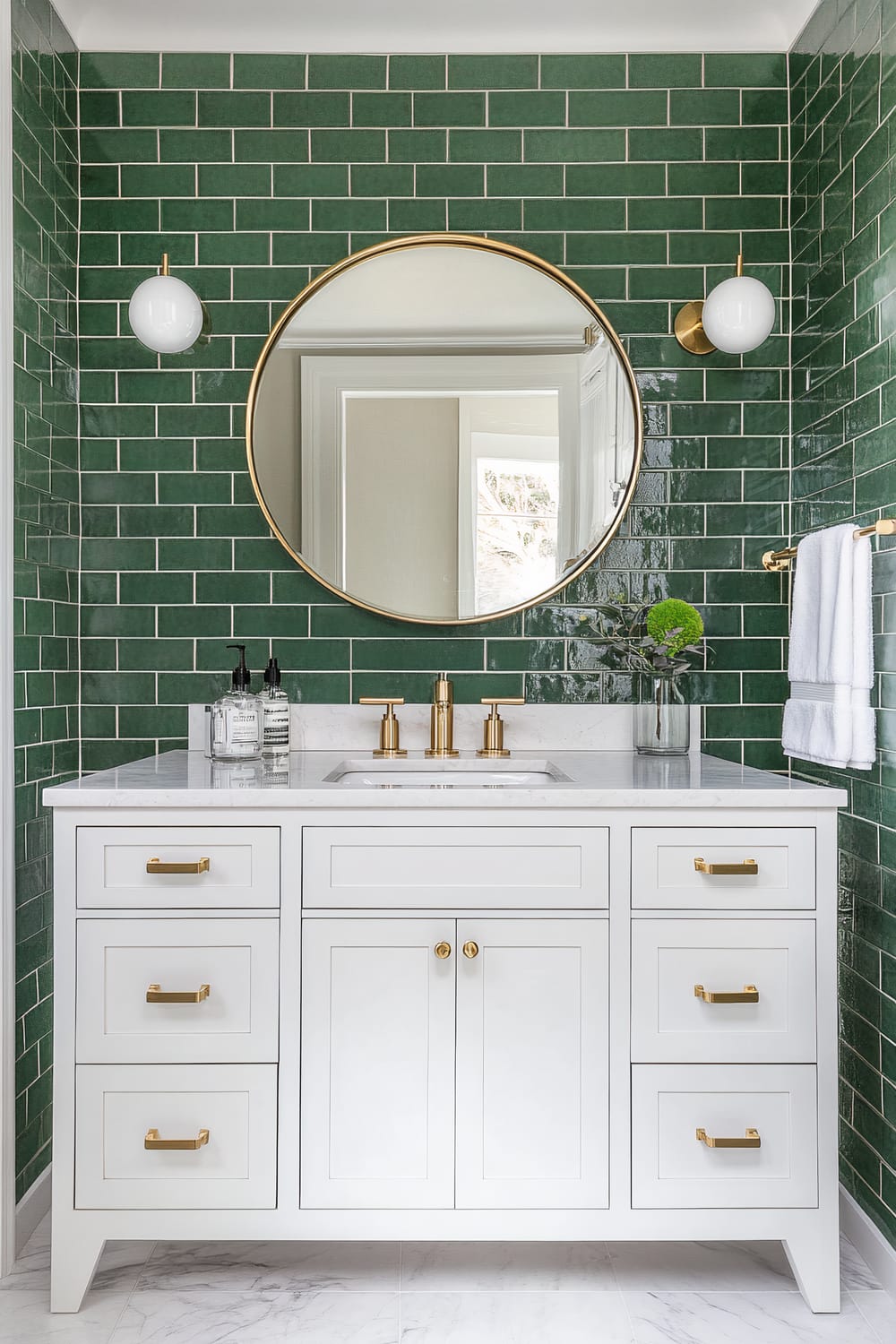 A stylish bathroom scene featuring a white vanity with brass fixtures and handles, topped with a white marble countertop. Above the vanity, there is a large, round mirror with a brass frame. The walls are adorned with deep green subway tiles, and the floor appears to be of white marble. On the left side of the vanity, there are two clear soap dispensers, and on the right side, a vase with green floral arrangement. A modern sconce with a white globe is mounted on each side of the mirror, and a white towel hangs from a brass towel bar to the right.