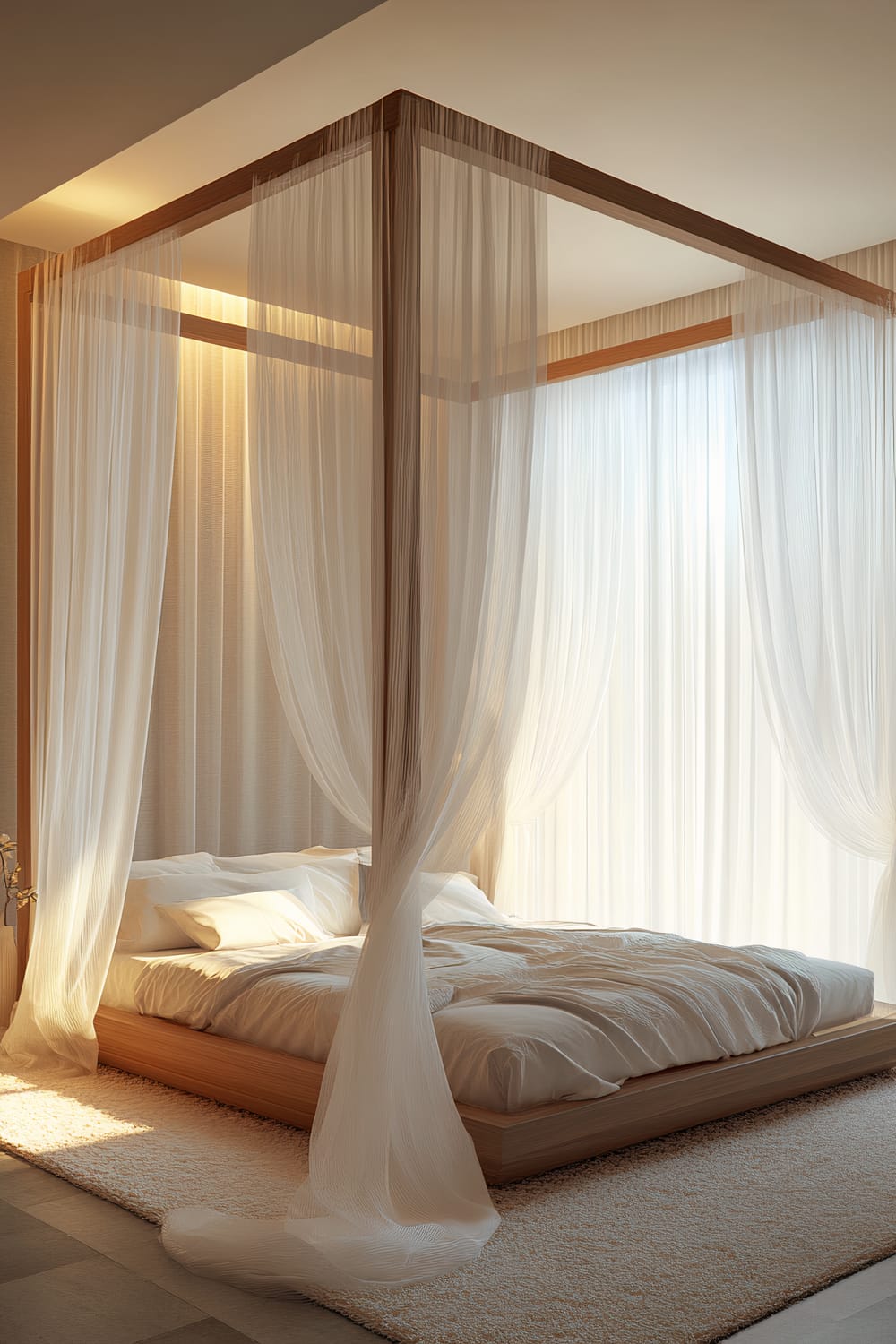 A contemporary bedroom featuring a minimalist canopy bed with sheer white drapes. The room is adorned with warm side lighting, enhancing its serene ambiance. The space is uncluttered, decorated in a soft neutral palette with subtle decor accents, giving it a warm, inviting appearance.