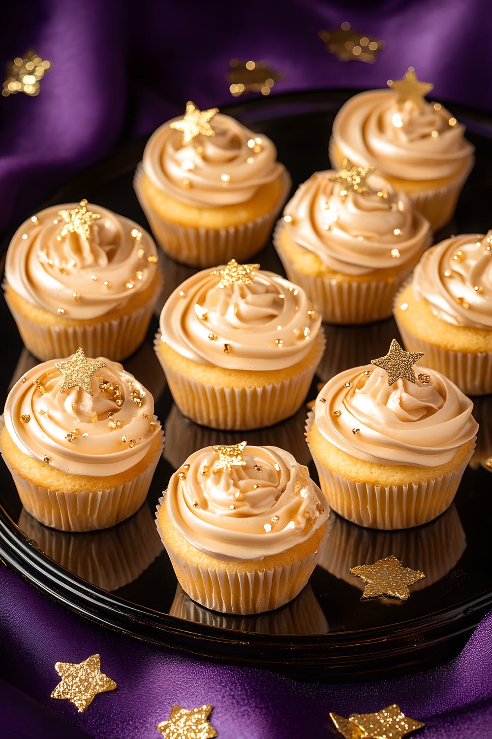 A display of twelve champagne-flavored cupcakes with light gold frosting and edible gold stars on top, arranged on a mirrored black tray. The tray sits on a backdrop of smooth, deep purple fabric, and is surrounded by gold and silver confetti pieces for a festive touch.