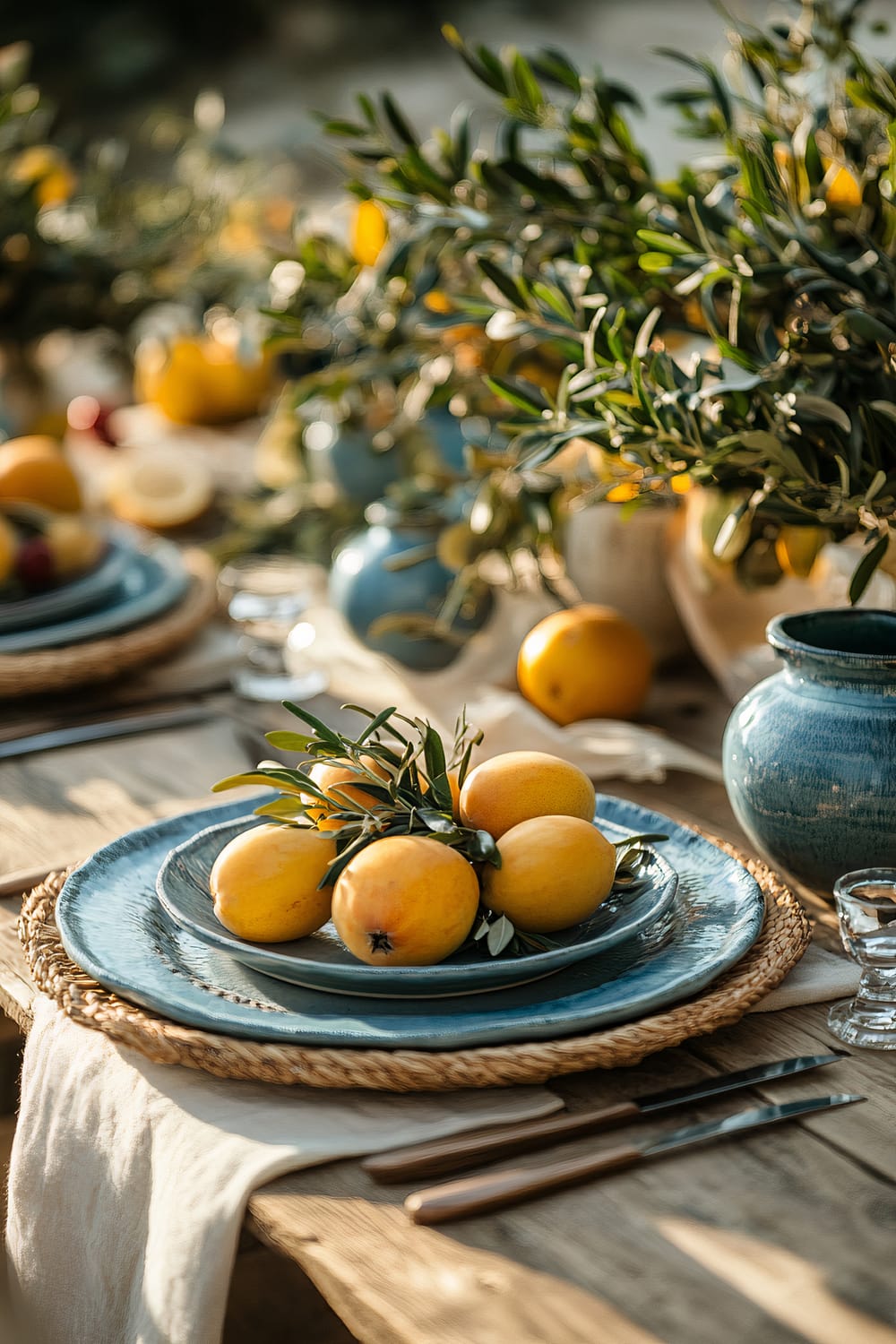 A beautifully set outdoor dining table featuring turquoise-blue ceramic plates with handwoven rattan chargers underneath. Each setting includes a blue plate topped with yellow lemons and decorated with sprigs of greenery. The table is adorned with rustic wooden tableware, blue ceramic vases filled with green foliage, and clear glass goblets.