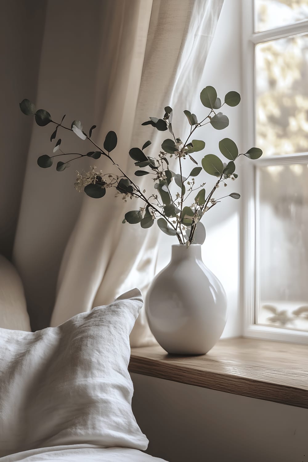 A spacious Japandi-style living room bathed in soft spring sunlight from large floor-to-ceiling windows. An elegant, minimalistic oakwood shelf floats on the wall, holding a simple, white ceramic vase filled with fresh eucalyptus branches. In the foreground, a comfortable, linen-covered armchair invites relaxation.