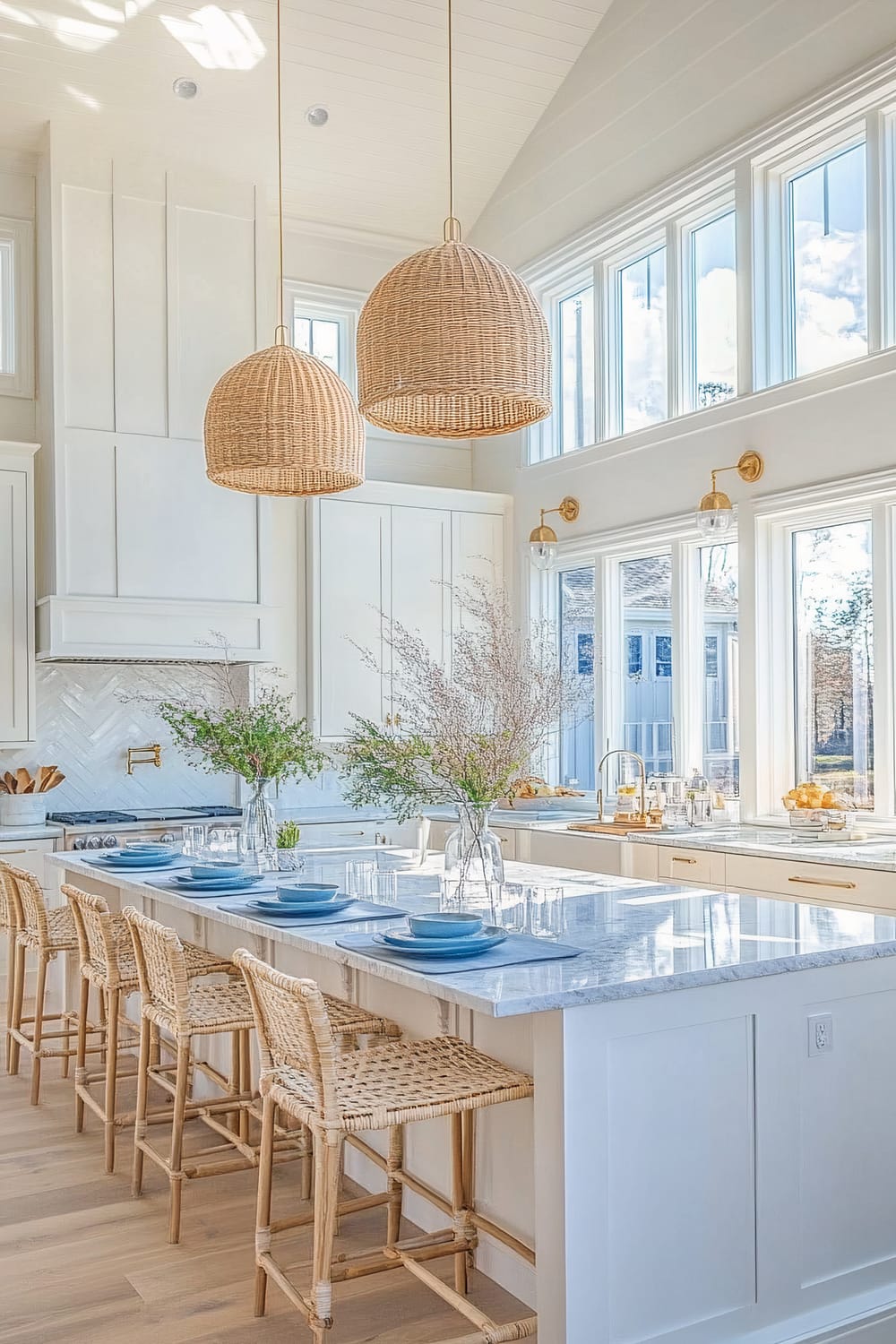 A bright and airy kitchen with an abundance of natural light streaming through large windows. The space is anchored by a long kitchen island with a polished marble countertop and lined with wicker barstools. Two large, woven pendant lights hang above the island. The cabinetry is white with gold hardware, and the backsplash features a clean herringbone tile pattern. Finishing touches include green plants in clear glass vases and neatly arranged blue and white table settings.