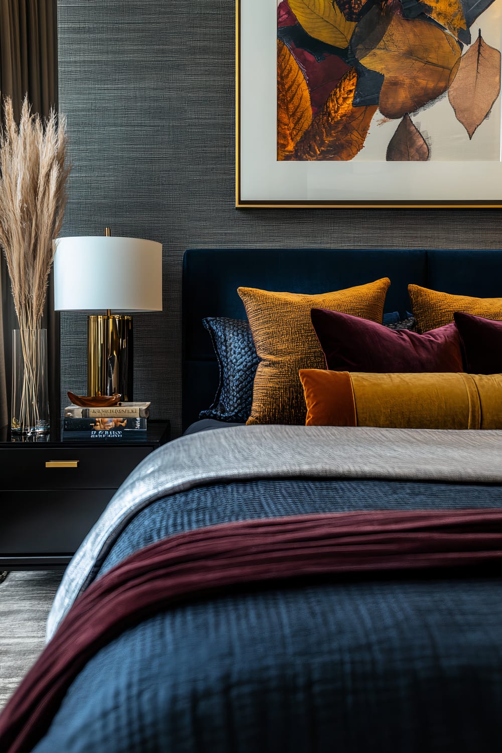 The image showcases a sophisticated bedroom with a focus on plush fabrics and rich colors. A modern nightstand with a white lampshade and a gold base sits next to a bed dressed in layers of textured bedding and multiple pillows in shades of blue, orange, mustard, and burgundy. Above the bed hangs a framed autumnal leaf artwork that complements the color scheme. To the left, a glass vase with tall pampas grass adds a natural element.